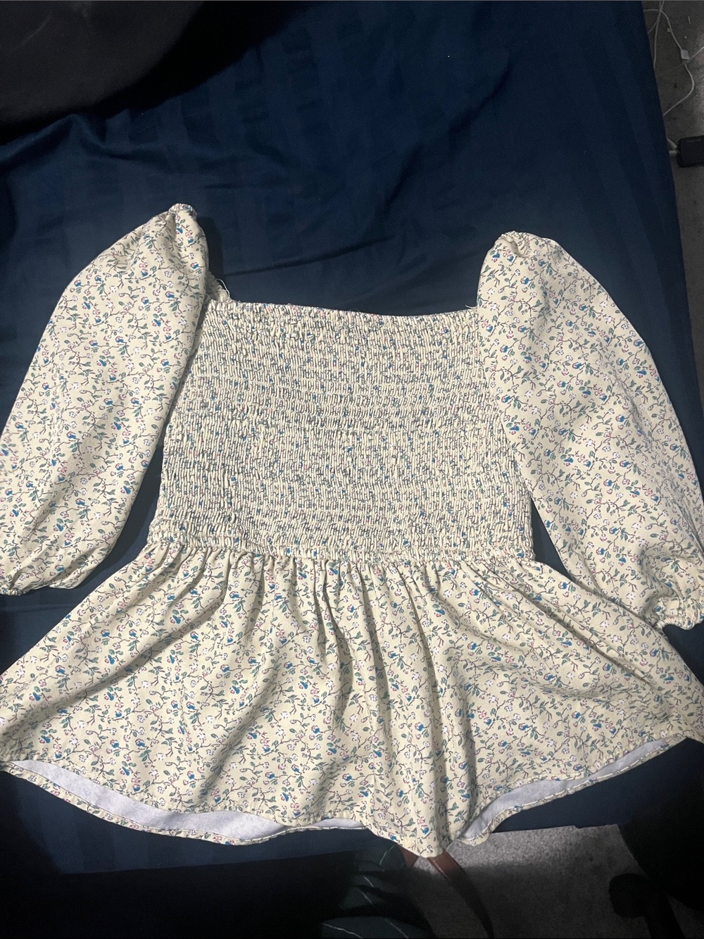 Smocked Floral Peplum Blouse in White with Blue ascents
